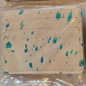 White Metallic Turquoise Cowhide Card Holder – Genuine Hair-On Leather Wallet